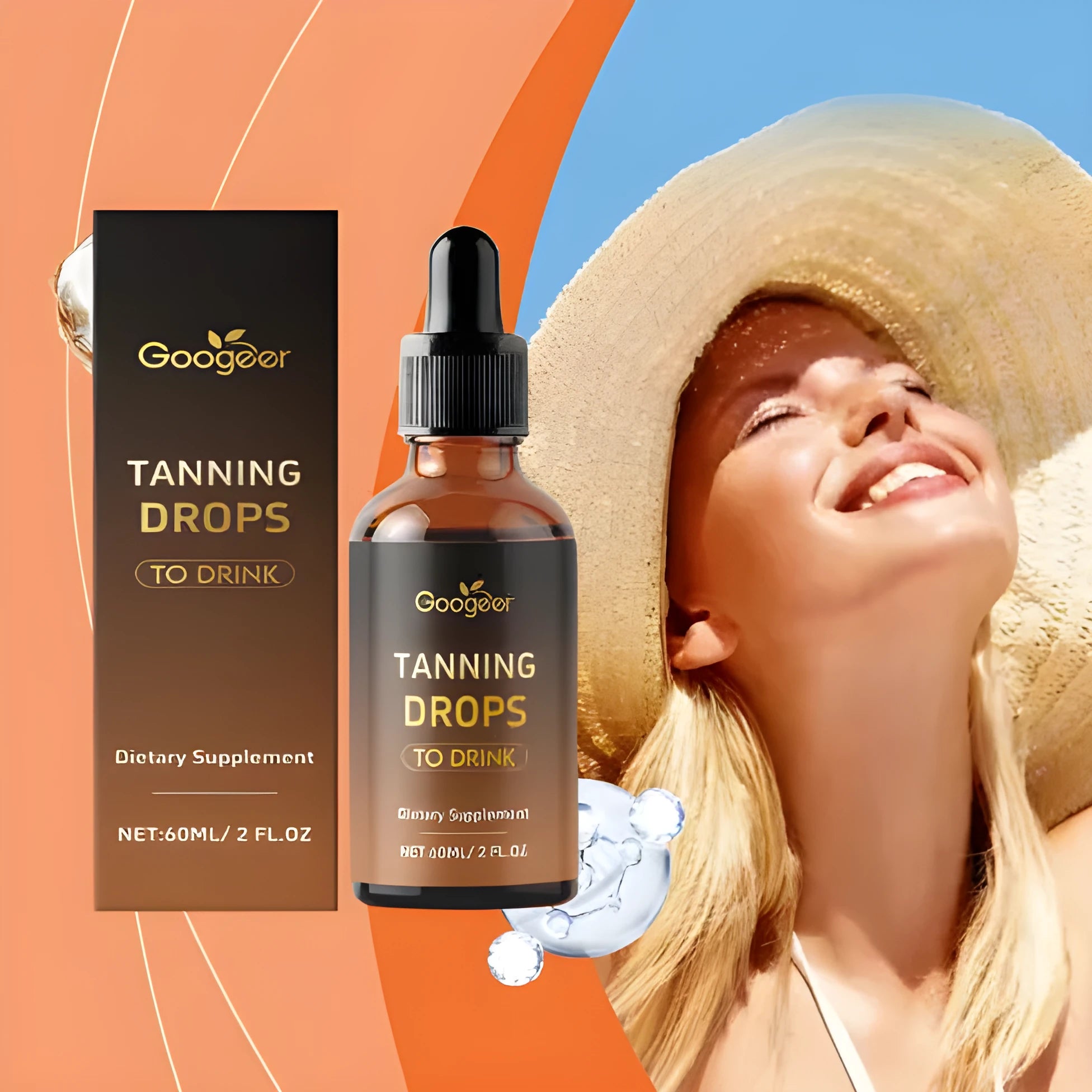 Googeer Tanning Drops To Drink 60ml bottle, a body treatment lotion for sunless tanning.