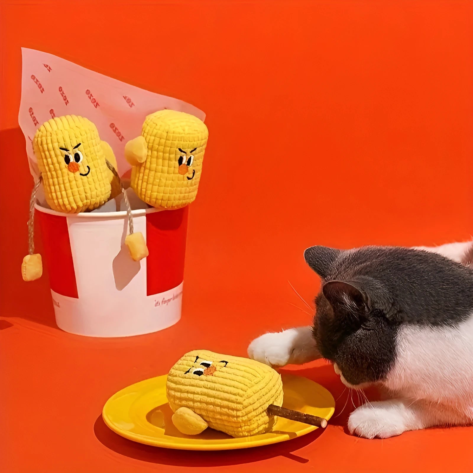 Corn cob shaped cat dental chew toy made from polioprene wood with textured surface