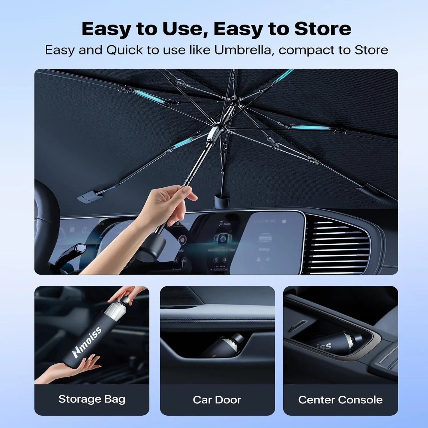 Silver medium windshield sun shade umbrella with spring structure edge for car interior protection