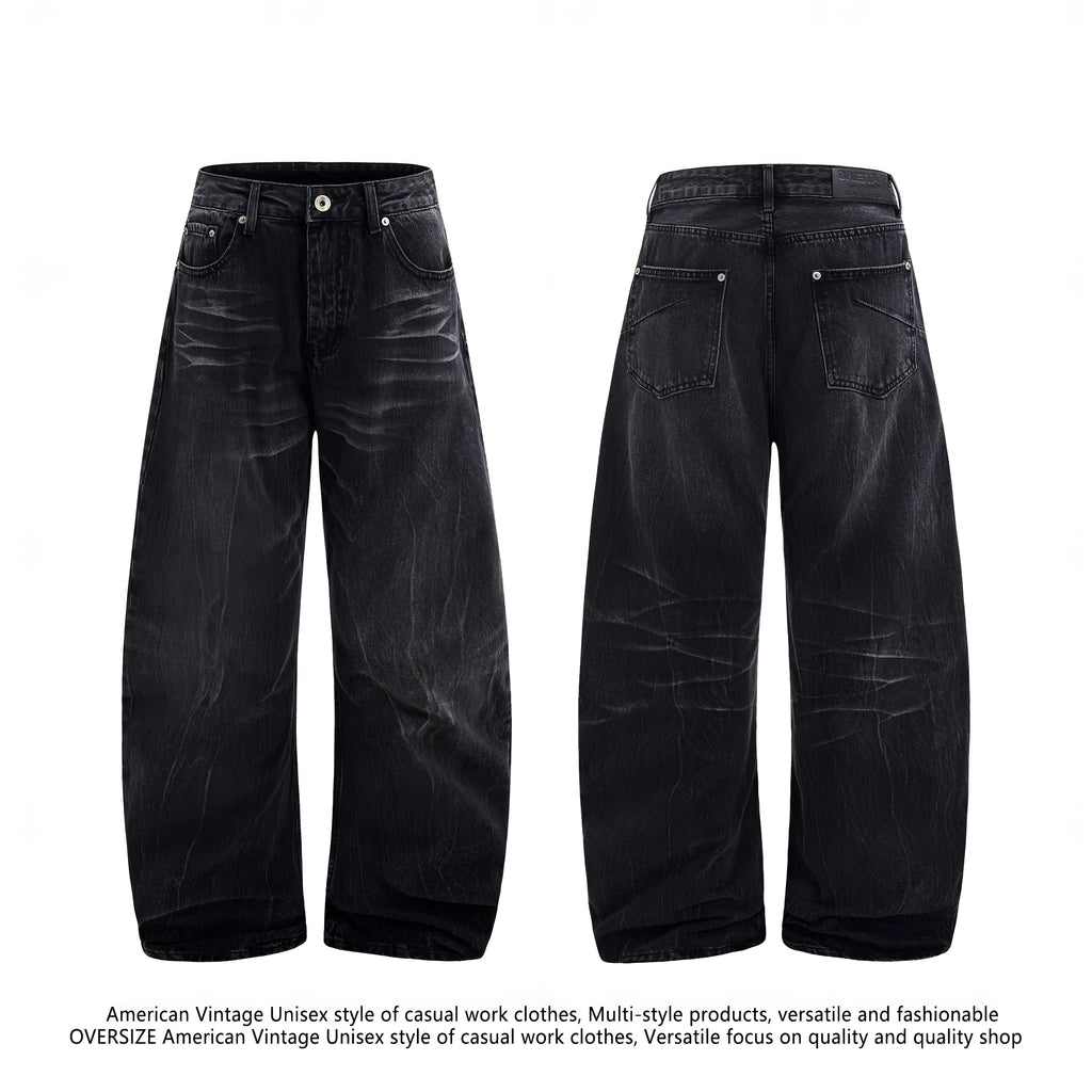 Black straight-leg men's jeans with a distressed lightning crack pattern on the legs.