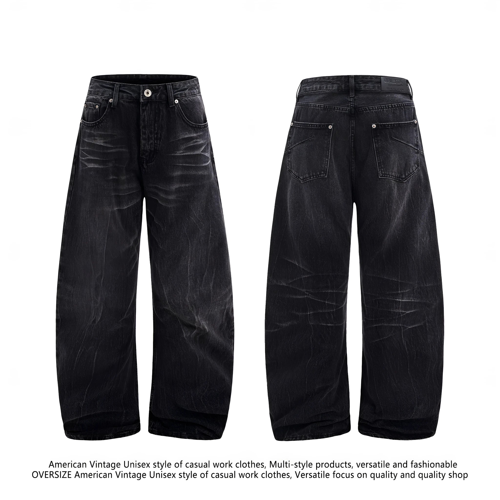 Black straight-leg men's jeans with a distressed lightning crack pattern on the legs.