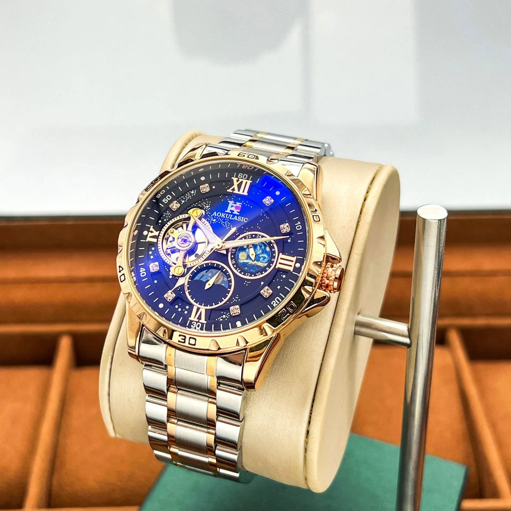 Automatic mechanical men's watch with large black dial and rose gold shell.
