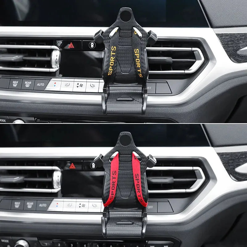 Racing seat shaped 360 degree rotatable car air vent phone holder with gold tape colour option