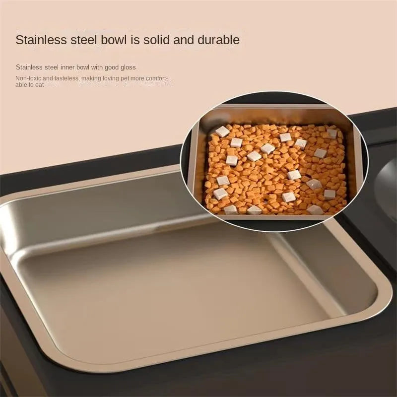 Adjustable height pet feeding stand with stainless steel bowls in black or grey colour options