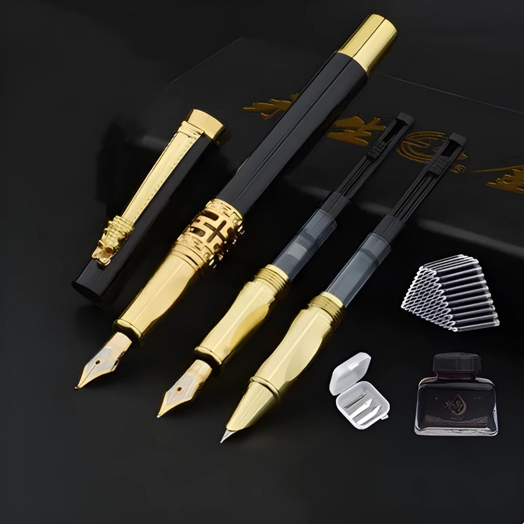 Traditional Chinese student calligraphy pen set with iridium nib and metal pen holder in gift box