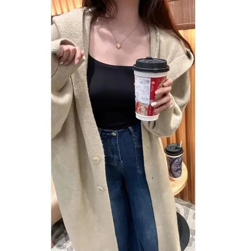 Korean-style long hooded cardigan for women in a wool blend, shown in a neutral colour.