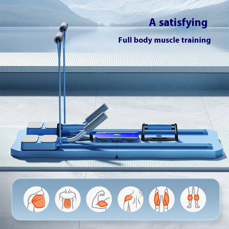 Blue and pink multi-functional ABS plastic fitness board with central abdominal wheel.