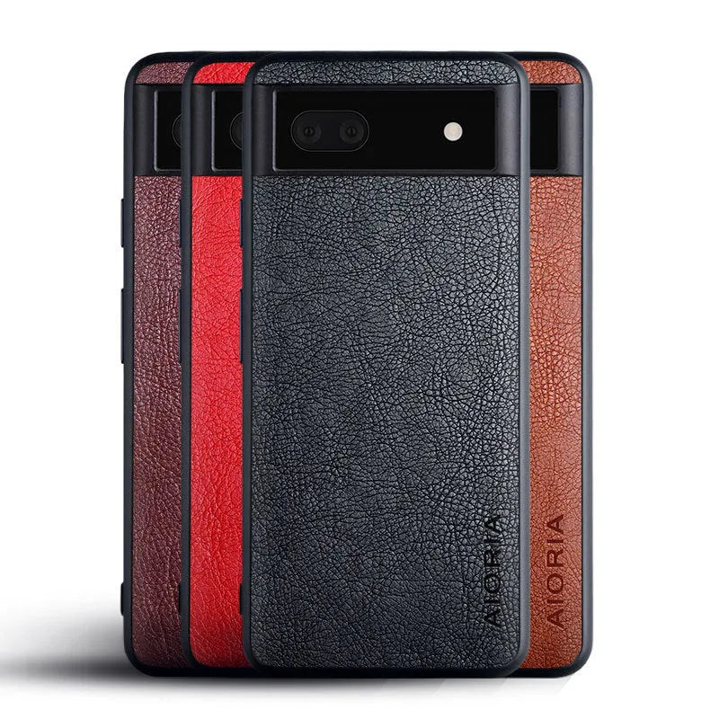 Pure-colour PU lychee skin phone case with all-inclusive glass front for Google Pixel 6, 6A and 6 Pro.