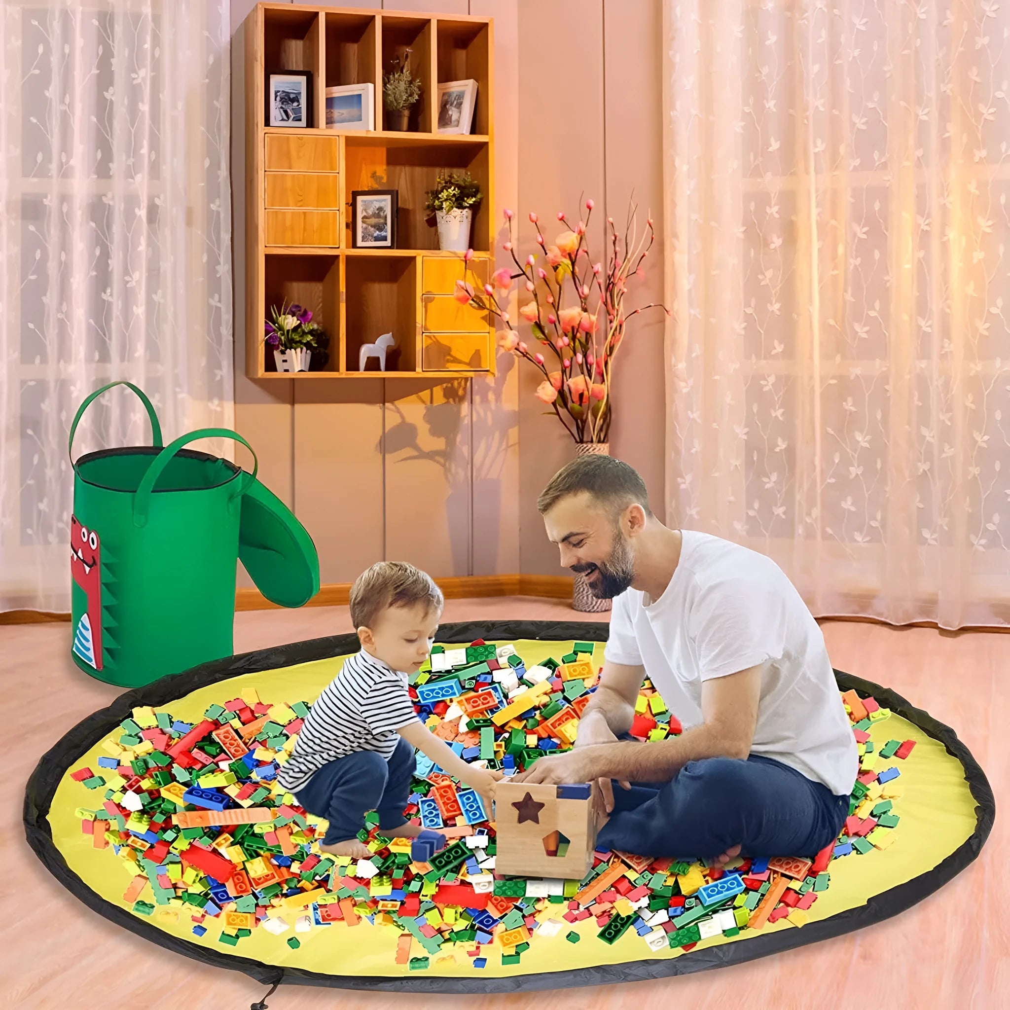 Green felt cube storage bag with pull rope handles that converts to toy play mat