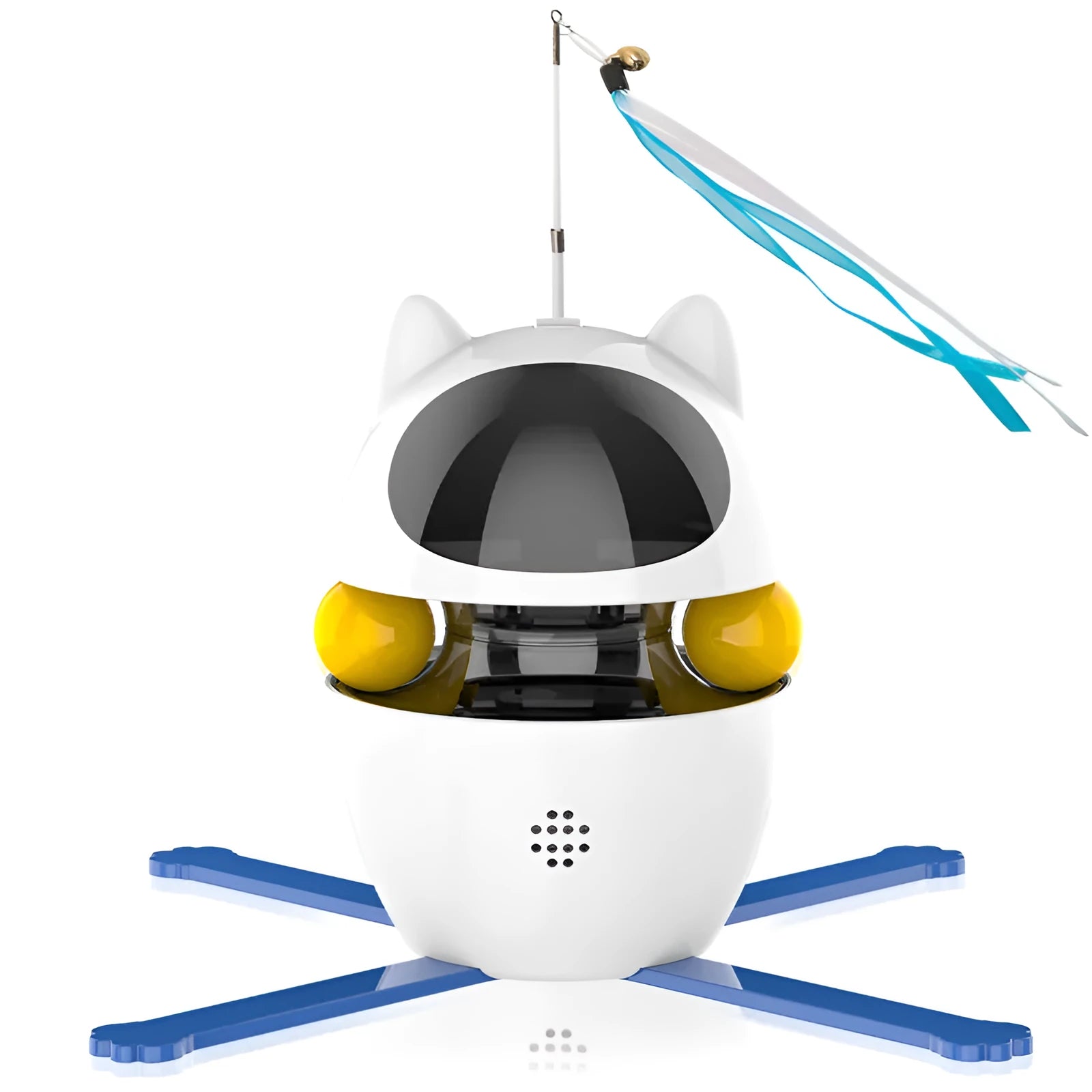 White automatic electronic cat toy with elastic rope extending from plastic base