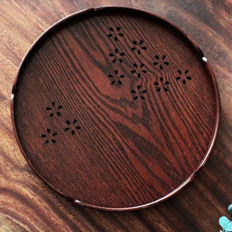 Wooden hollow sakura pattern shallow dessert plate measuring 30cm diameter
