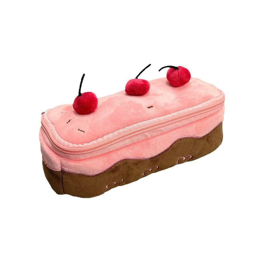 Cherry Cake patterned velvet pencil bag in Korean style.