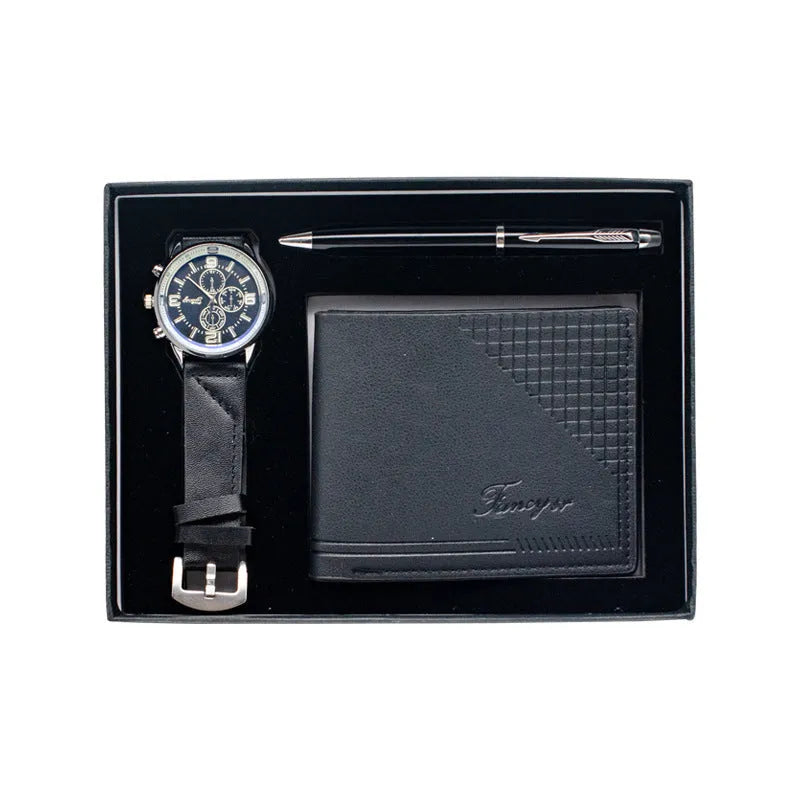 Creative holiday gift set featuring a wallet, pen, and watch in a gift box, available in black or brown.