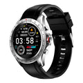 Men's black smart bracelet watch with zinc alloy screen and silicone wristband on a wrist.