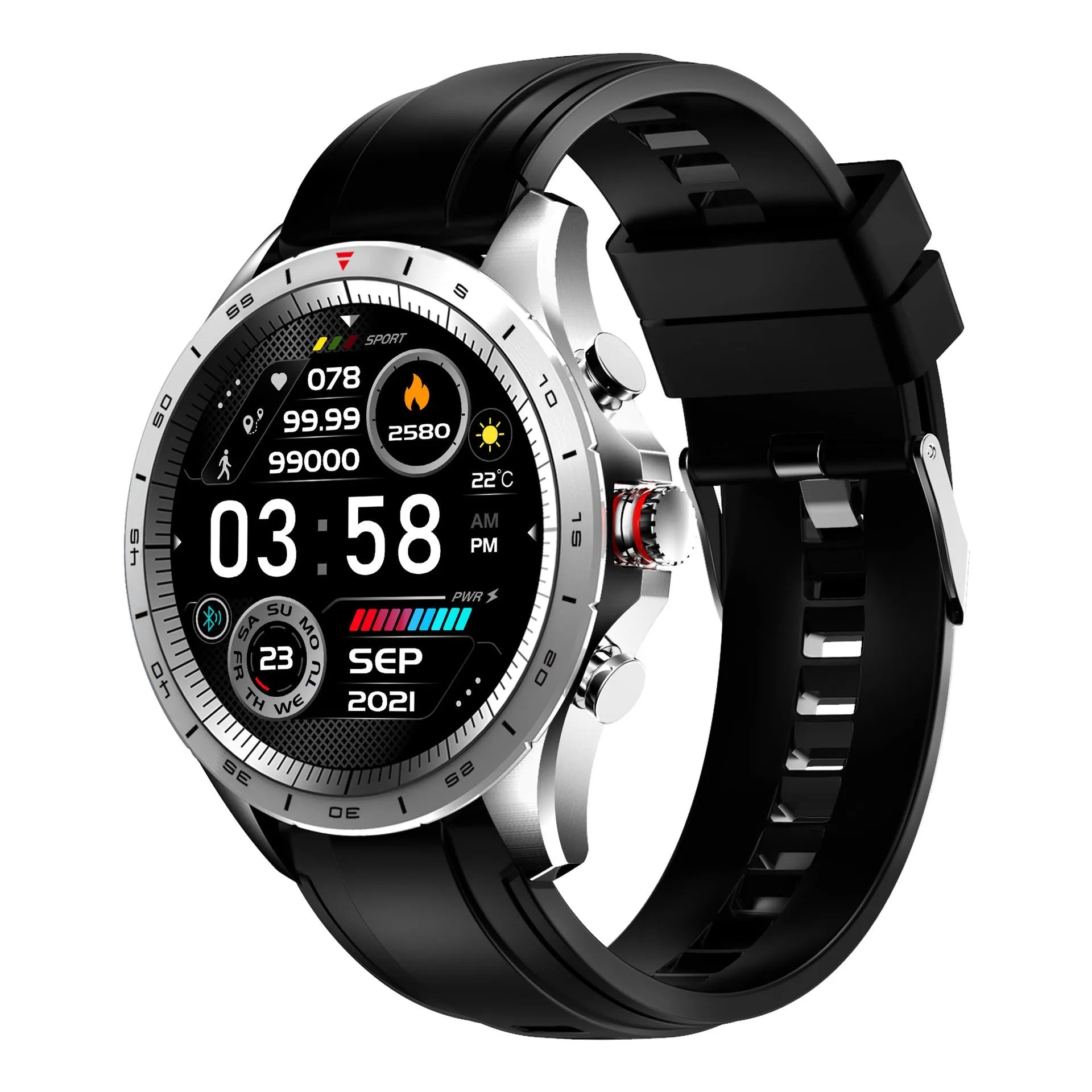 Men's black smart bracelet watch with zinc alloy screen and silicone wristband on a wrist.
