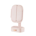 Foldable LED desktop cosmetic mirror with USB power, plastic frame, 17.5x11x36cm, in white