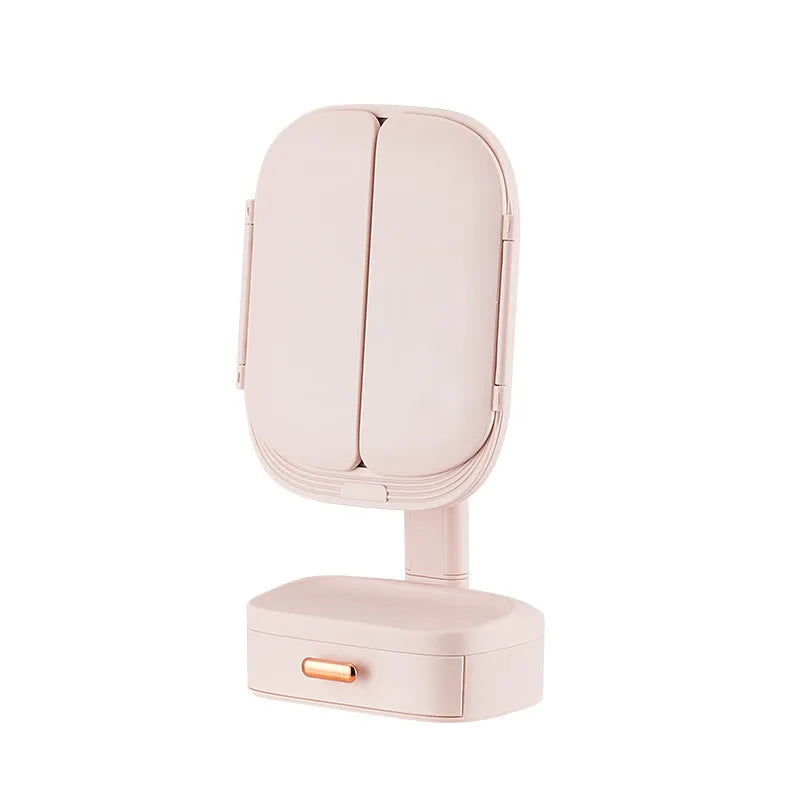 Foldable LED desktop cosmetic mirror with USB power, plastic frame, 17.5x11x36cm, in white