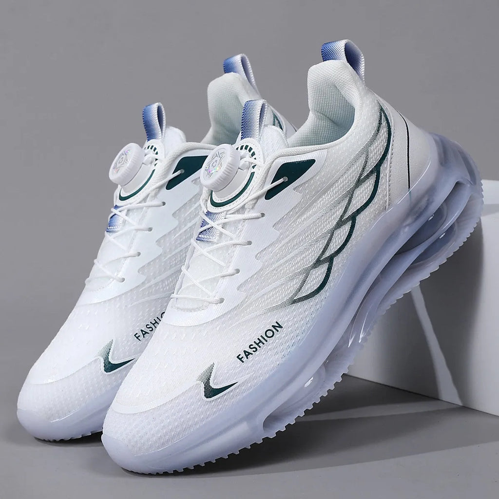 White Korean style mesh casual sports shoes with rotating button lace-up and round toe design