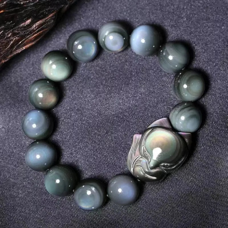 Obsidian fox carved adjustable couple bracelet in 10mm 12mm 14mm 16mm sizes