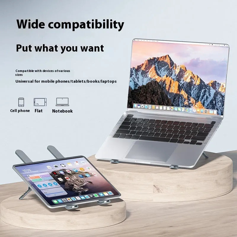 Silver aluminium laptop cooling stand with twin fans and adjustable height, shown folded next to storage bag and USB cable.