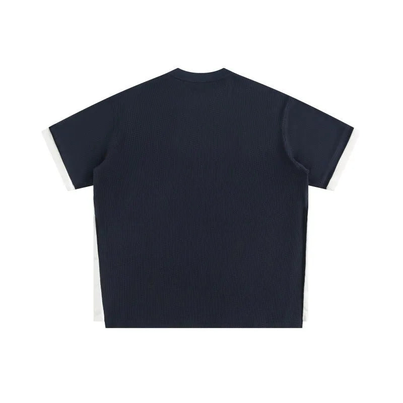 Retro alphabet embroidered waffle knit t-shirt in loose fit with navy blue, yellow or white flower grey colour options