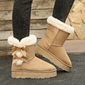 Women's black suede fleece lined ankle boots with bow, side view showing high-top shaft