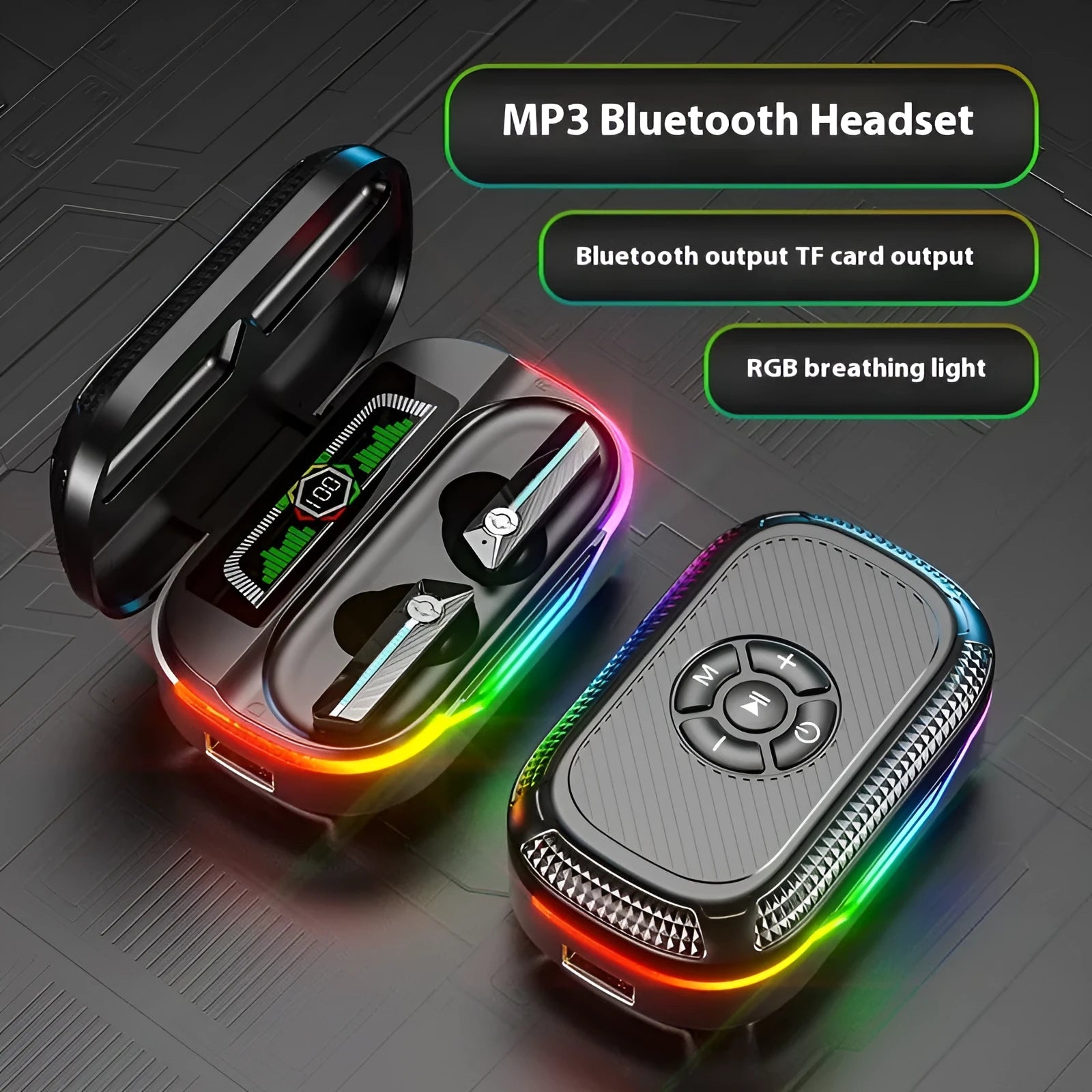 In-ear Bluetooth headset DX13 Black with digital display screen showing battery level, PC ABS build