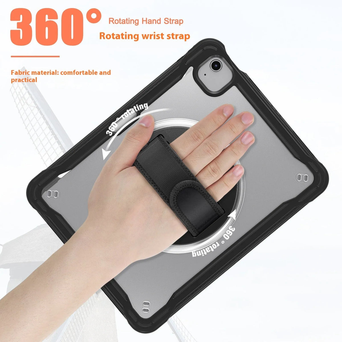 iPad Mini 6 tablet case with rotating bracket in black, showing all-inclusive protective cover and shoulder strap