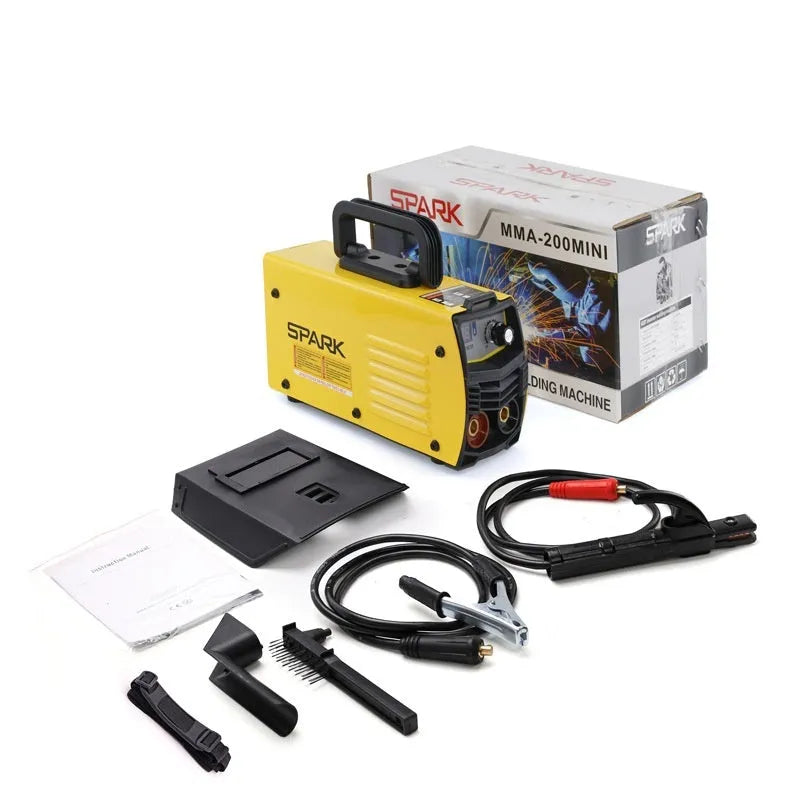 MMA-200MIN portable 220V DC inverter welding machine with welding tongs and face shield.