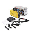MMA-200MIN portable 220V DC inverter welding machine with welding tongs and face shield.