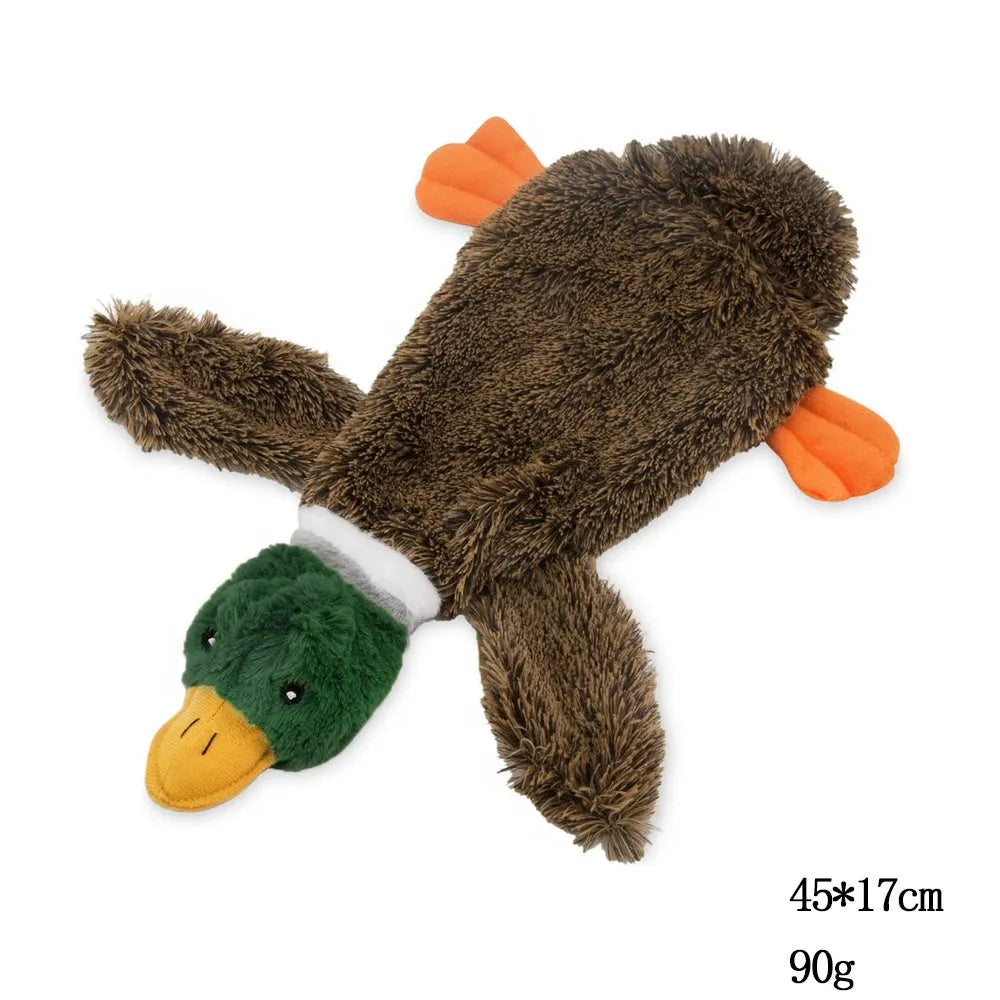 Green Wild Duck stuffless dog toy with squeakers, showing cavity for plastic bottle.