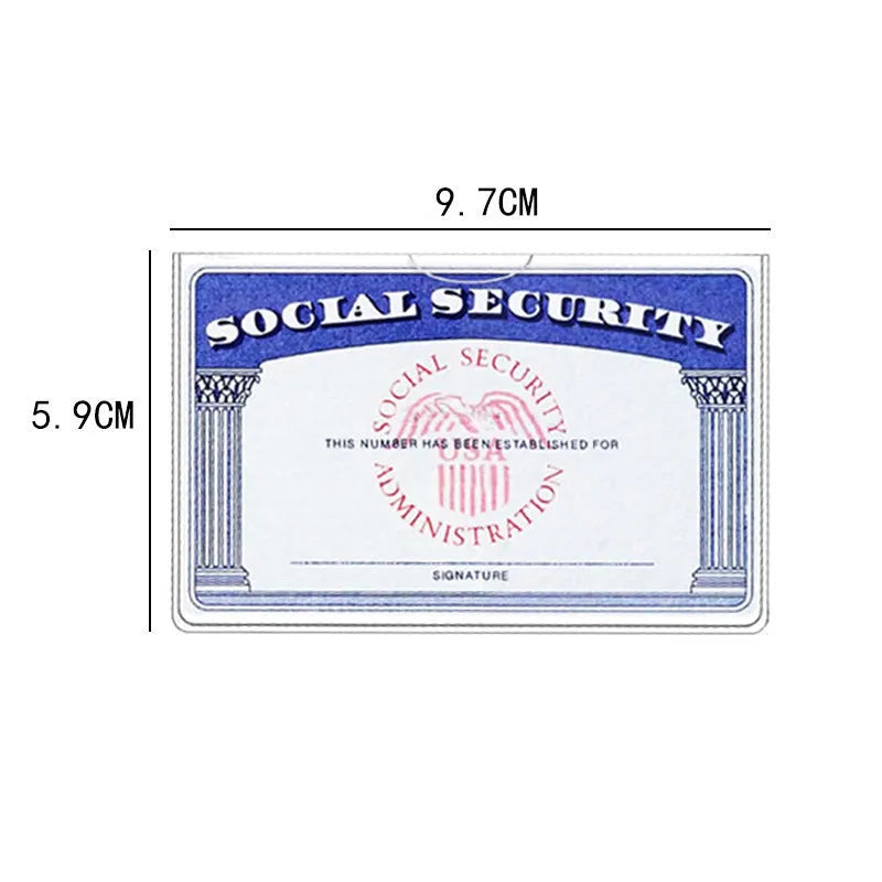 Transparent PVC social security card holder with waterproof protection measuring 9.7cm by 5.9cm