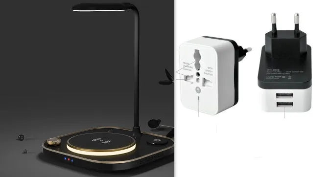Black wireless magnetic charger with desk lamp showing 15W fast charging capability and Type-C cable