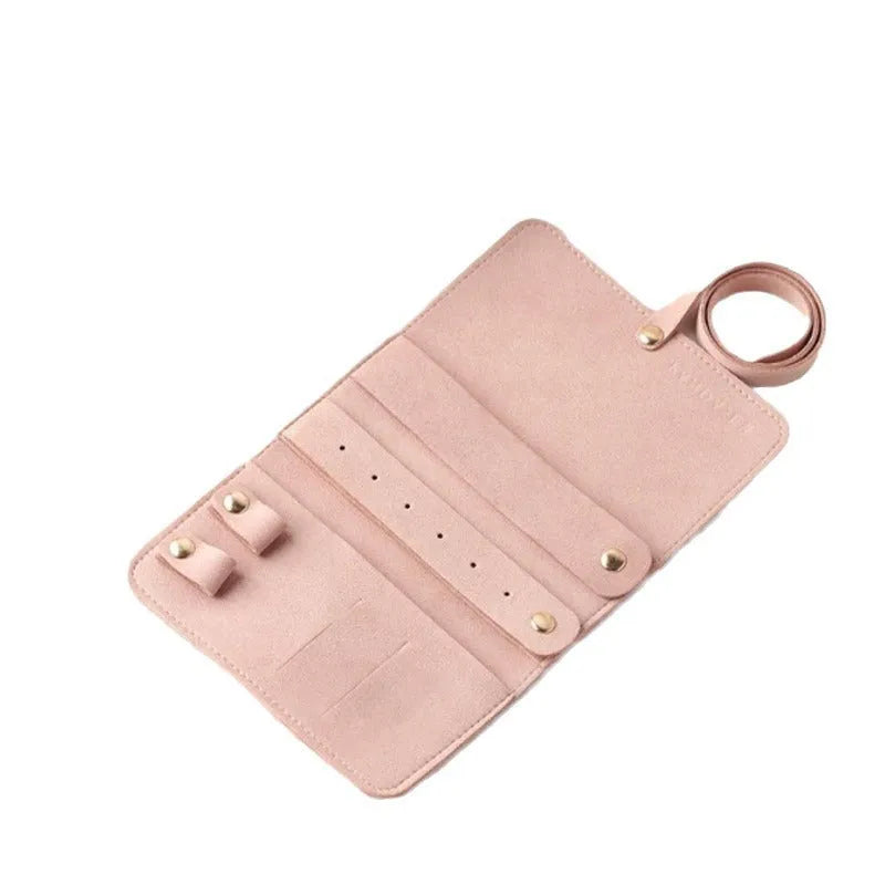 Brown leather 12x12cm jewellery storage bag with zip for earrings and watches.