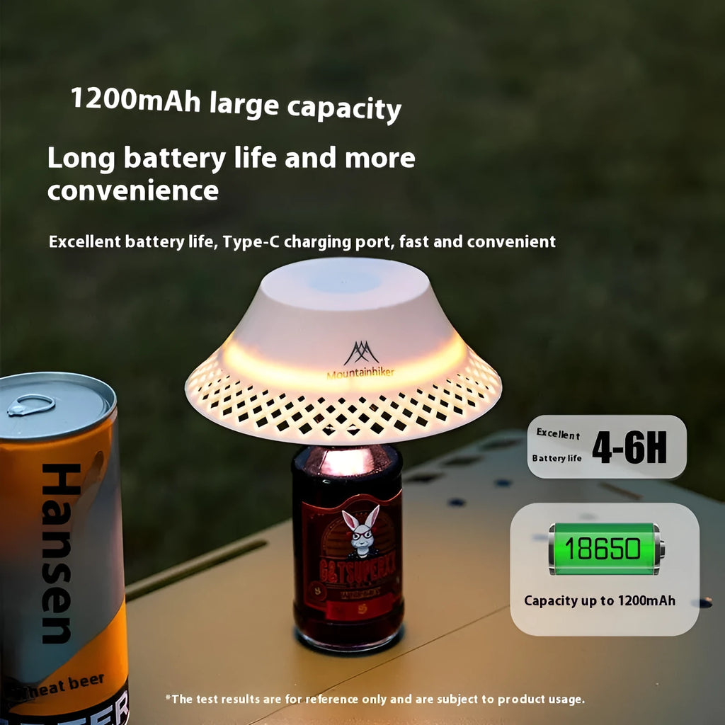 Beige and grey wine bottle-shaped camping lantern with USB-C port on a wooden table.