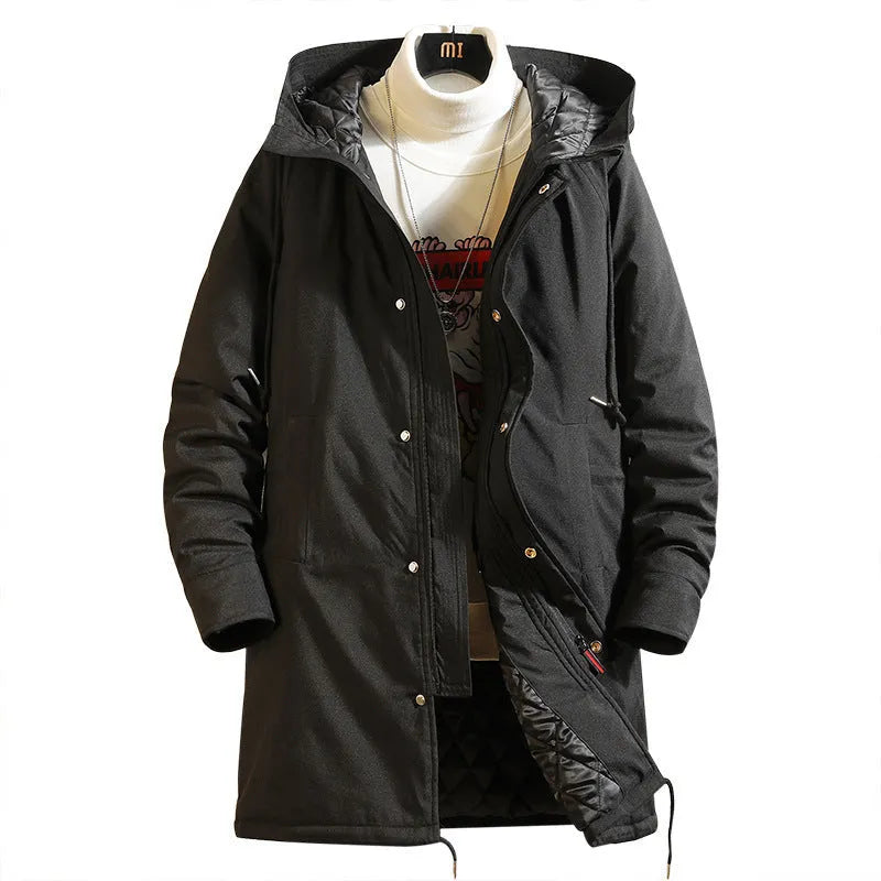 Men's hooded mid-length polyester coat in black with acetate lining on male model