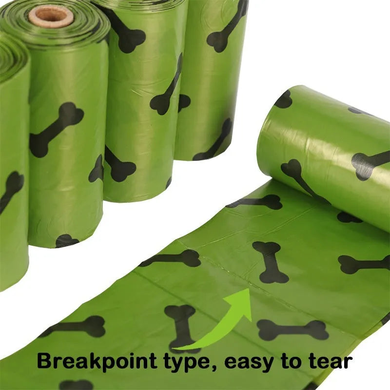 Military green degradable dog poop bags with black bone print showing roll format and dimensions