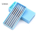 Set of six blue tungsten steel carving cutter grinding heads with thin disc needle profiles for micro-inlay work.