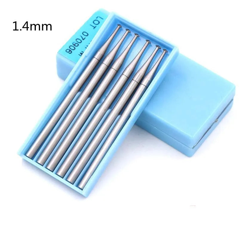 Set of six blue tungsten steel carving cutter grinding heads with thin disc needle profiles for micro-inlay work.