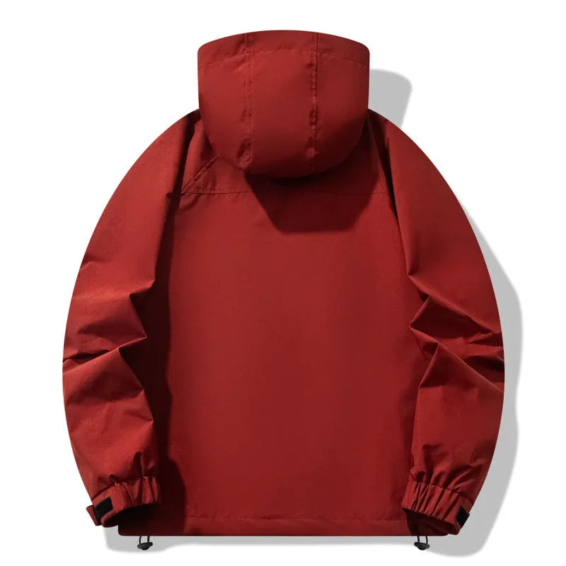Men's three-proof outdoor windproof waterproof jacket in polyester with zippered pockets, solid colour, black