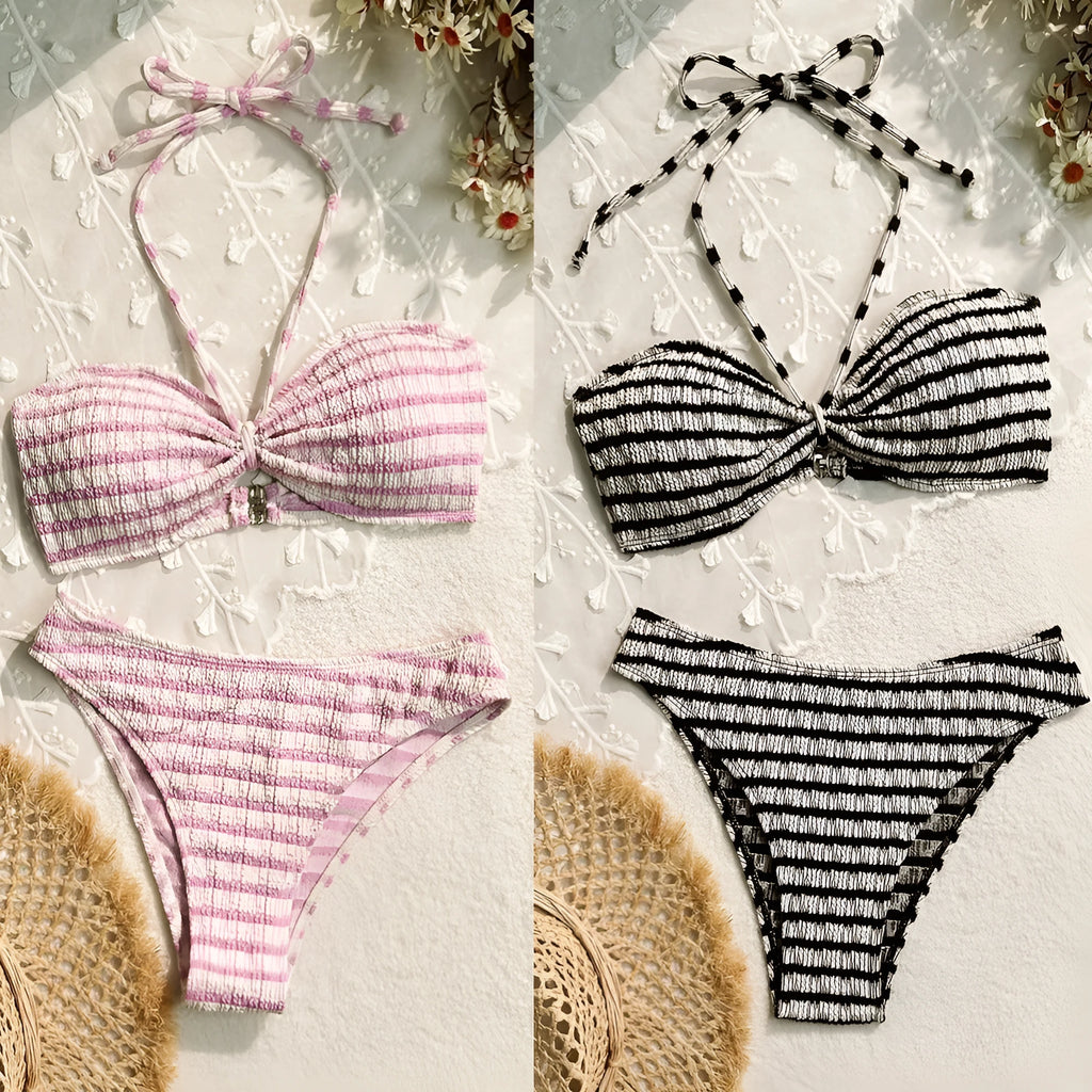 Pink and black striped women's bikini swimsuit with split design and matching briefs