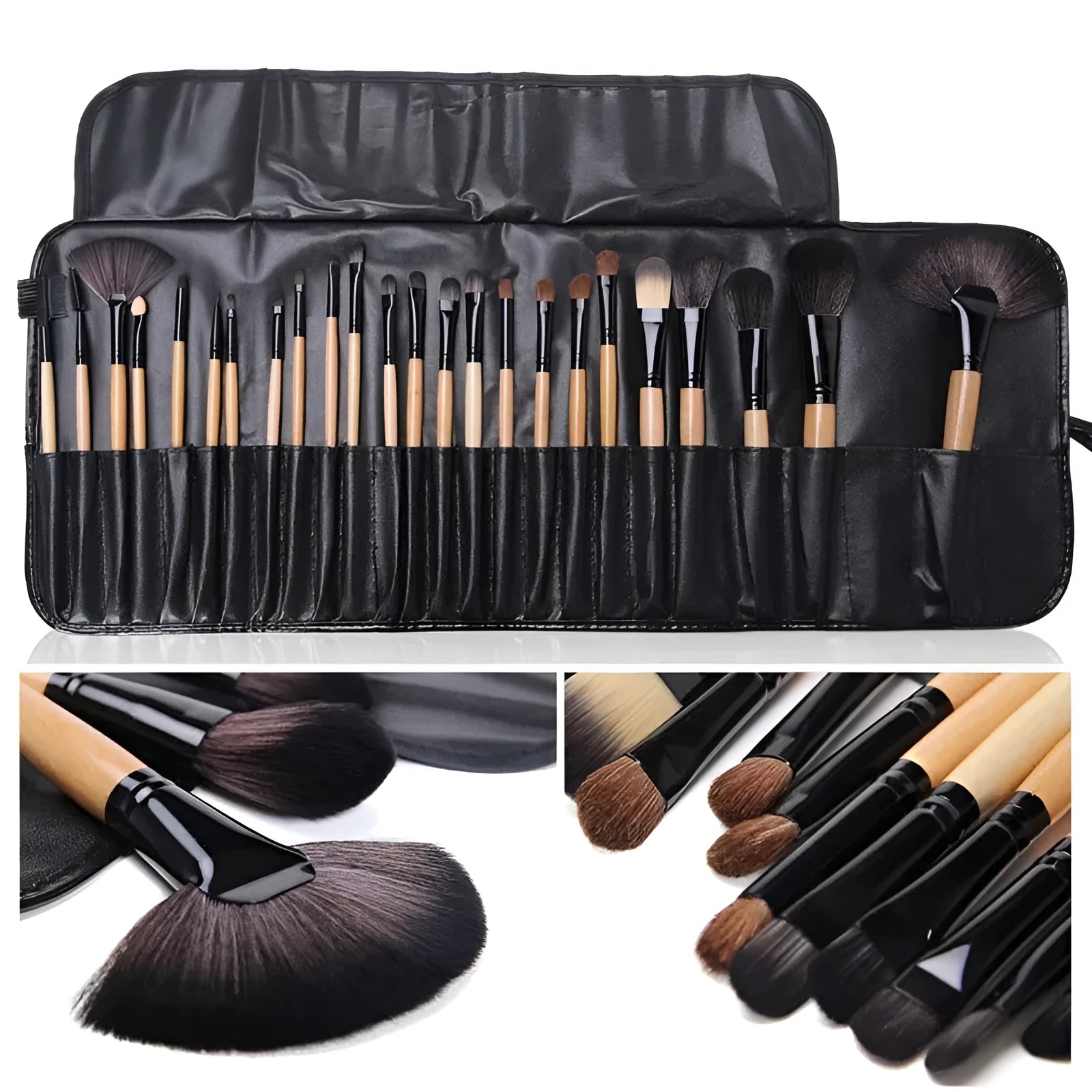 24 professional makeup brushes with man-made fibre heads and wooden handles in PU gift bag