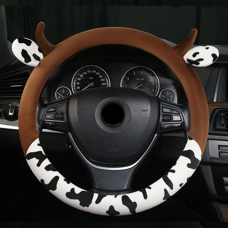 Short plush car steering wheel cover in black or coffee colour, 38cm diameter