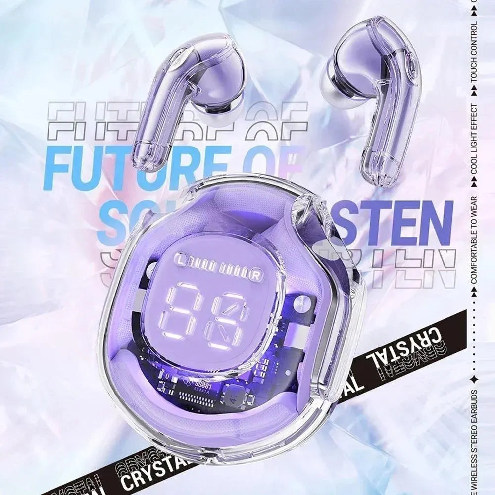 Transparent plastic in-ear wireless Bluetooth headset shown in five colour variations.