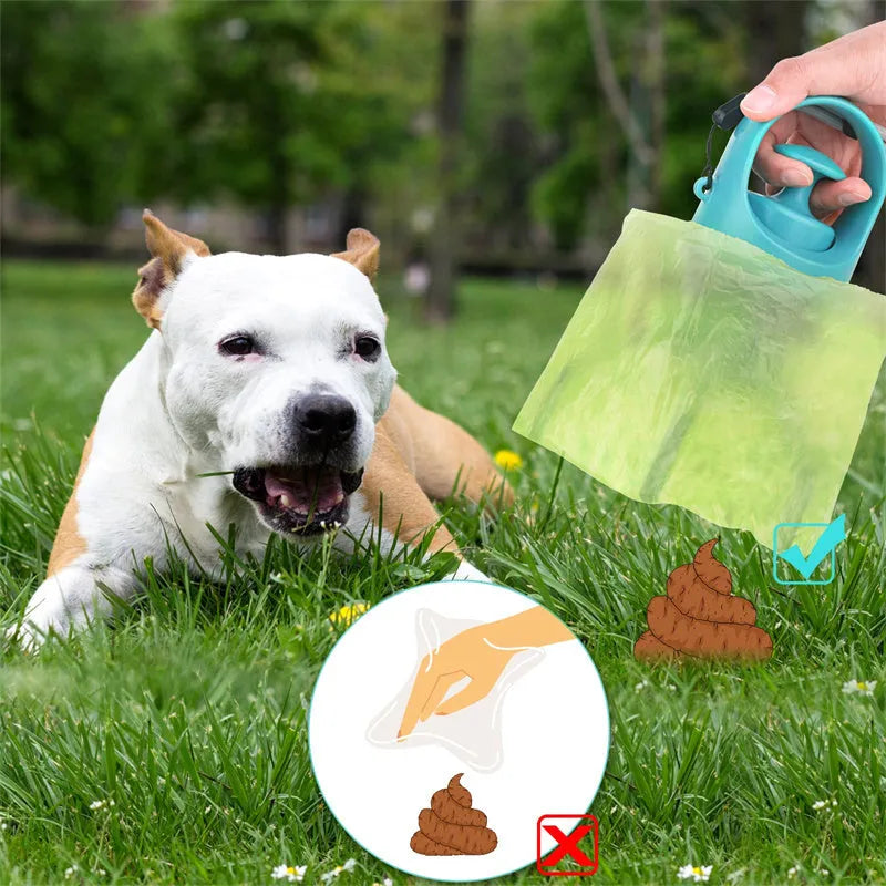 Blue portable dog pooper scooper with eight-claw mechanism and built-in bag dispenser