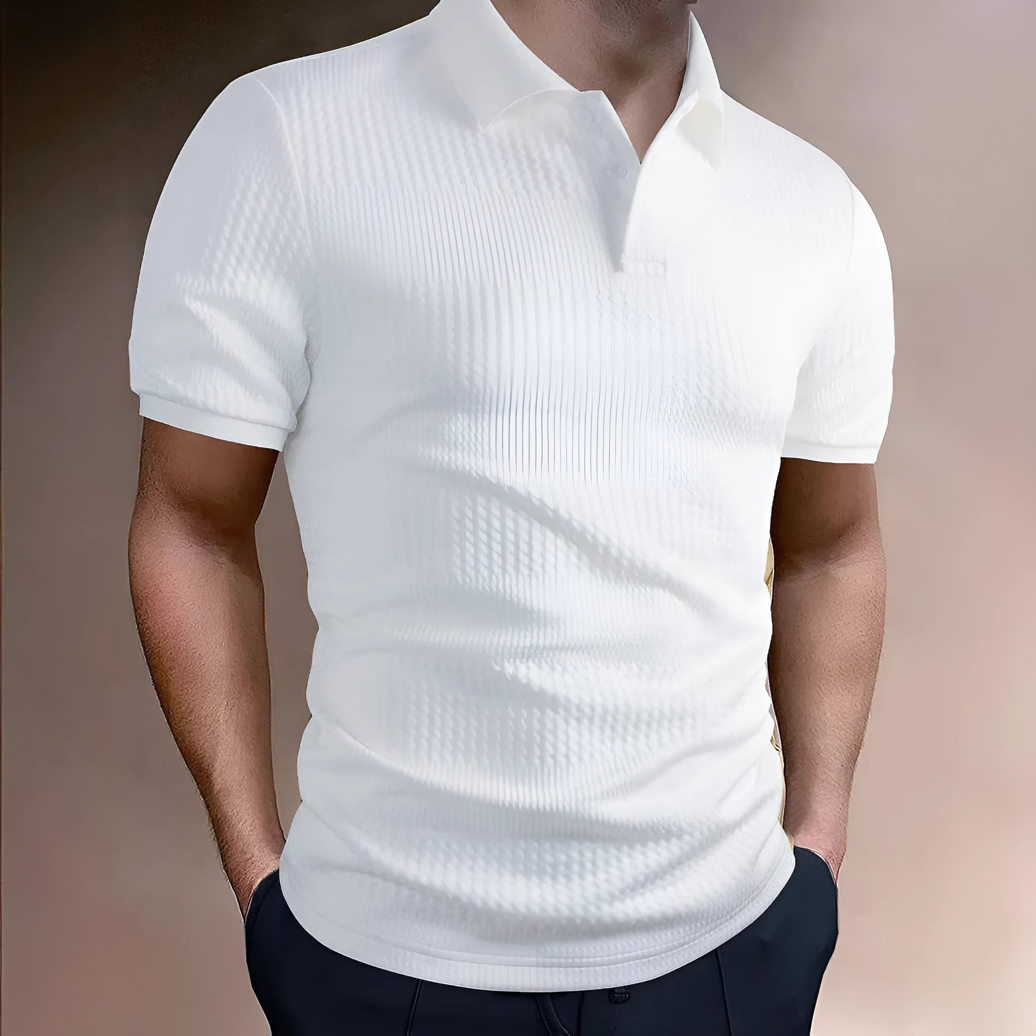 Men's loose fit striped polo shirt in breathable polyester blend fabric for summer wear