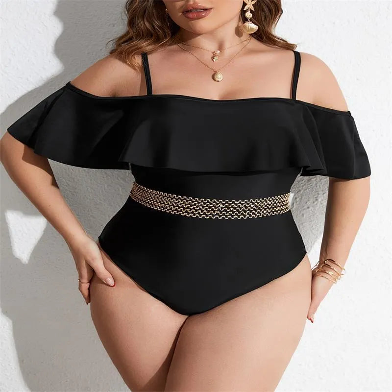 Black one-piece swimsuit for women in polyester fabric with extended sizing options