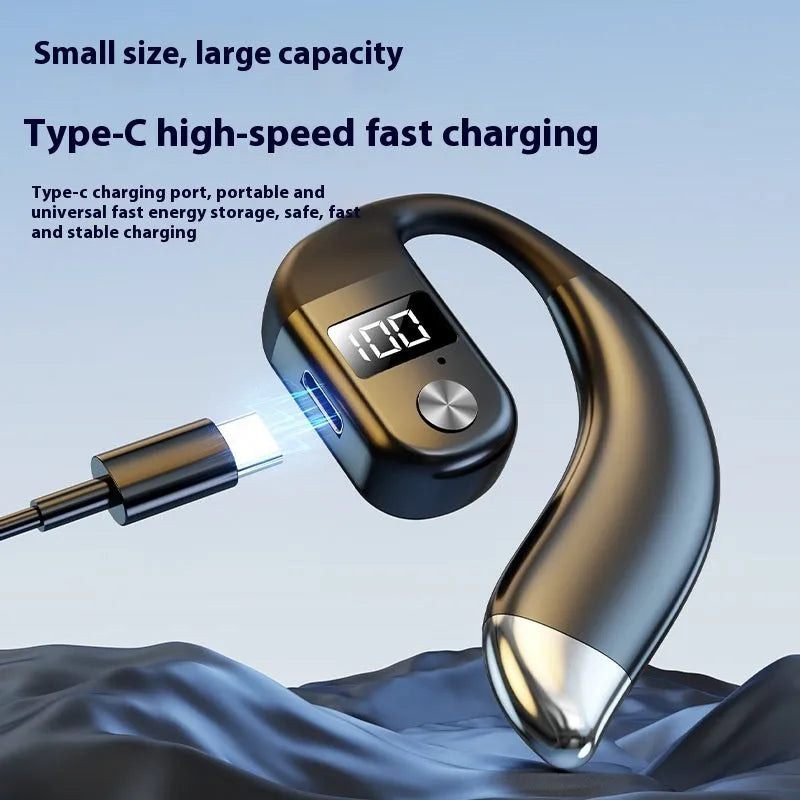 Digital display Bluetooth earphone, over the ear single ear design, black or blue, ABS waterproof body