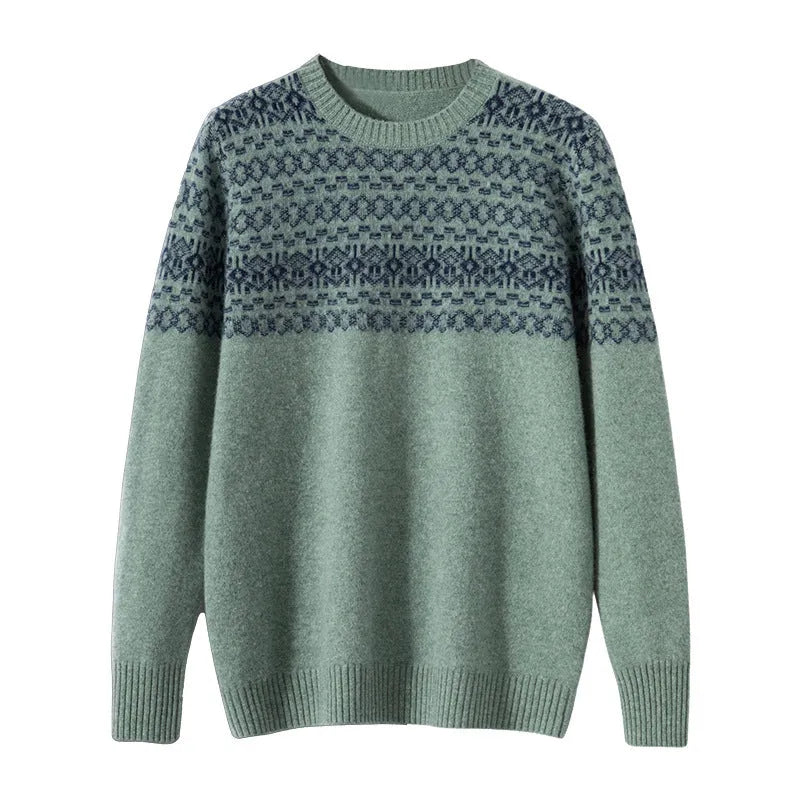 Men's jacquard cashmere sweater in beige, thickened knit, long sleeves, loose fit pullover style