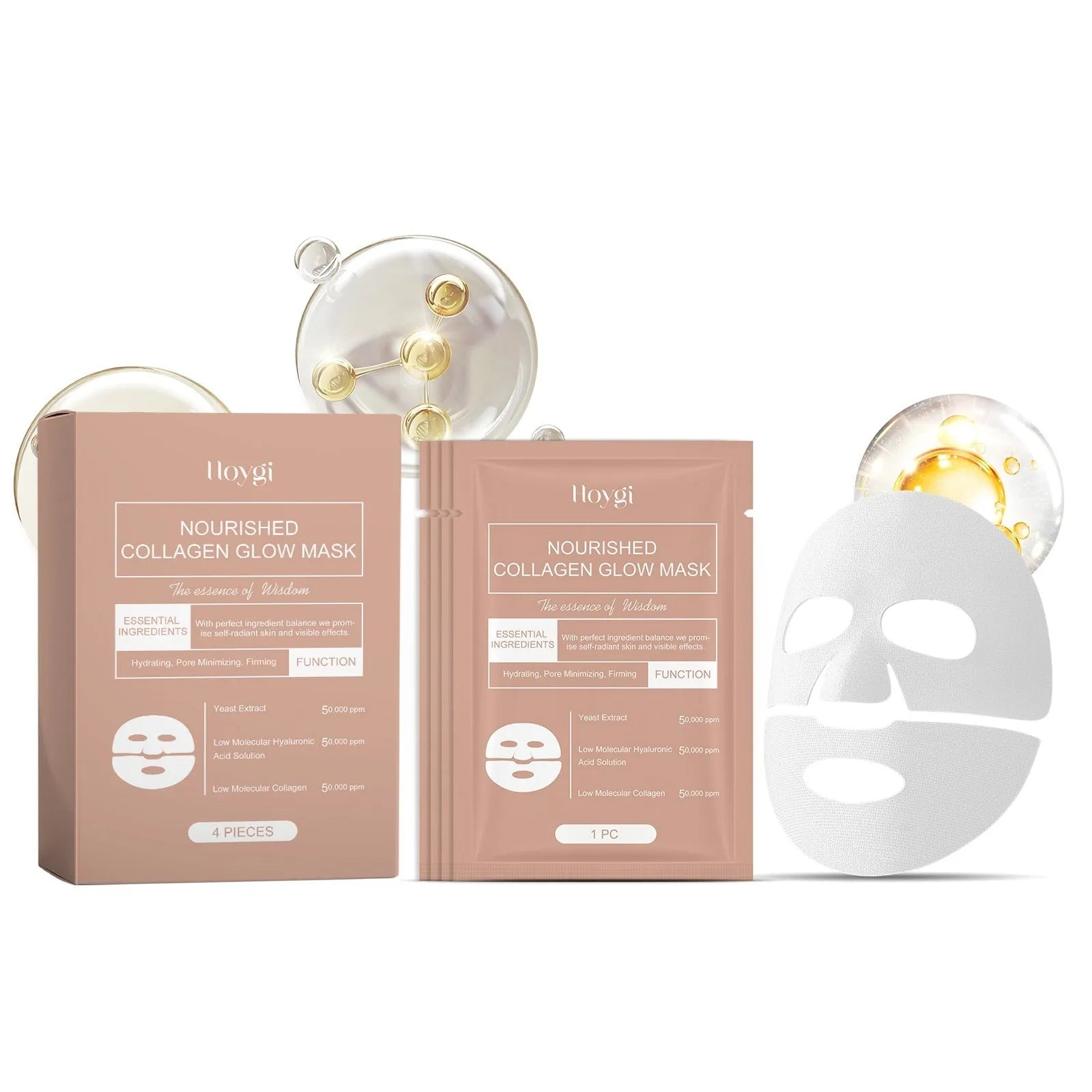 Collagen glow sheet mask with nourishing essence containing hyaluronic acid and grape seed oil